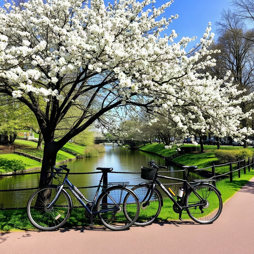 Two bicycles leaning under blooming trees by a riverside path